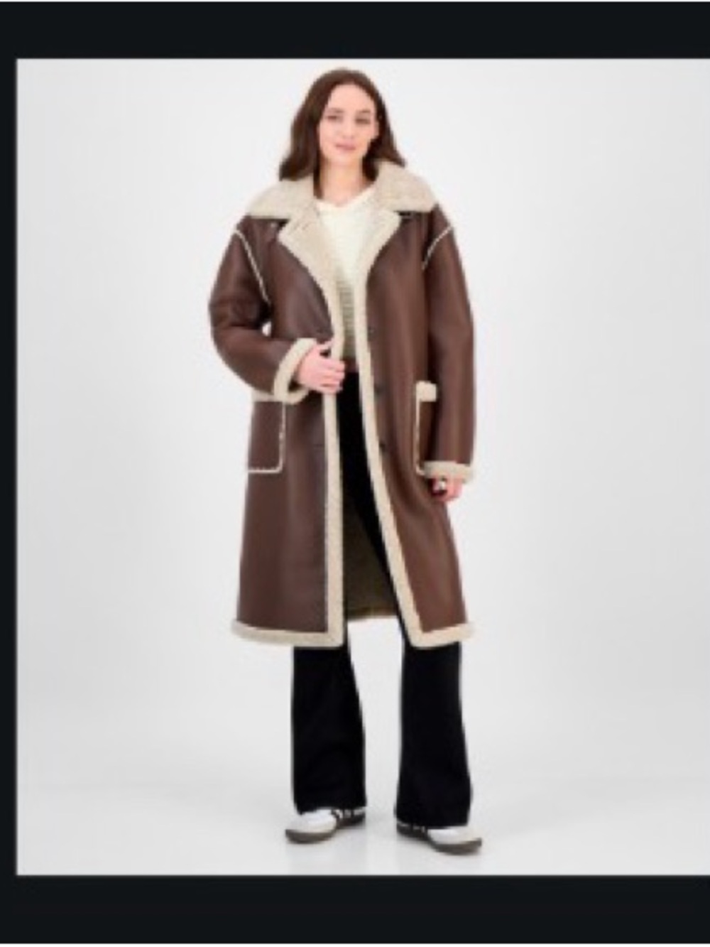 Macy's Brown Faux Shearling Trench Coat with Cream Trim